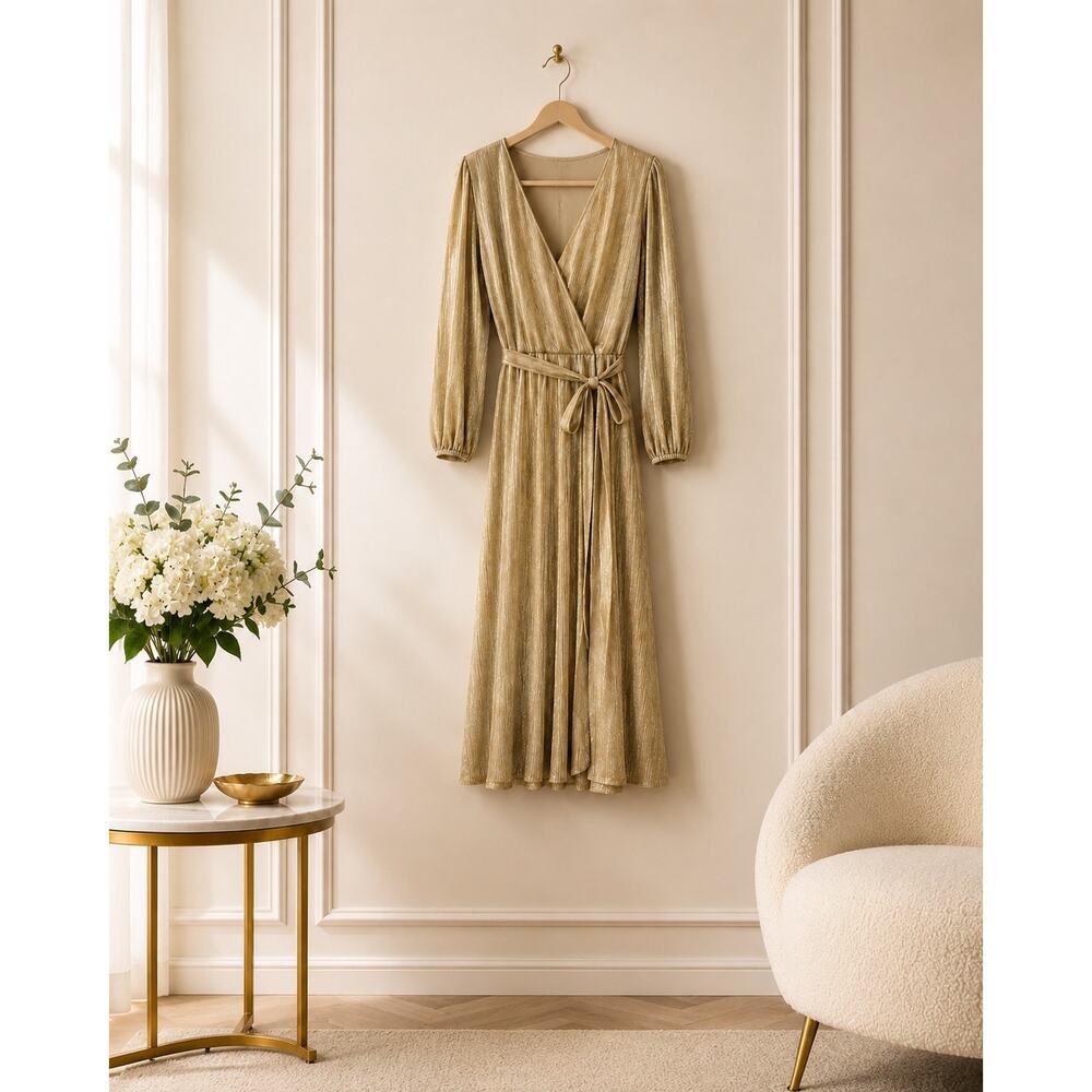 Ann Taylor Gold Pleated Maxi Dress L NWT Surplice V Neck Belted Glamour Glam